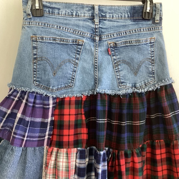 Boho tiered plaid flannel patchwork attached to Levi jean upcycled maxi skirt M - Picture 12 of 14
